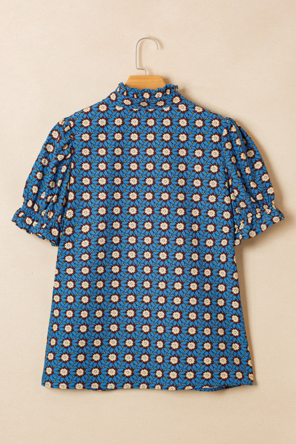 Floral Print V Neck Pleated Detail Short Puff Sleeve Blouse