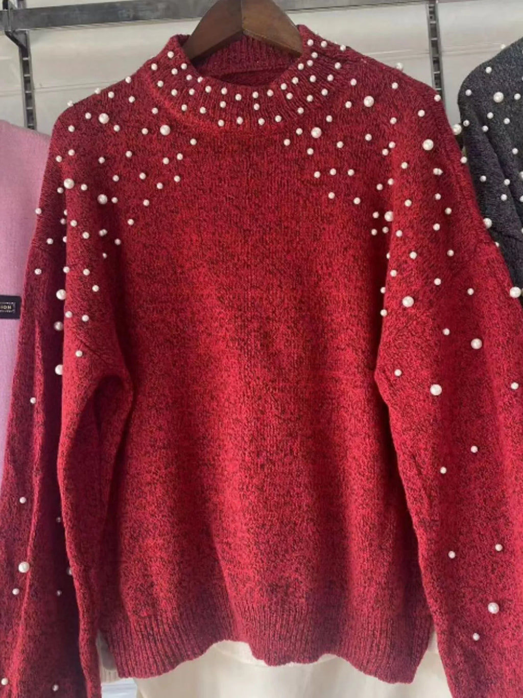 Pearl-Embellished Mock Neck Sweater