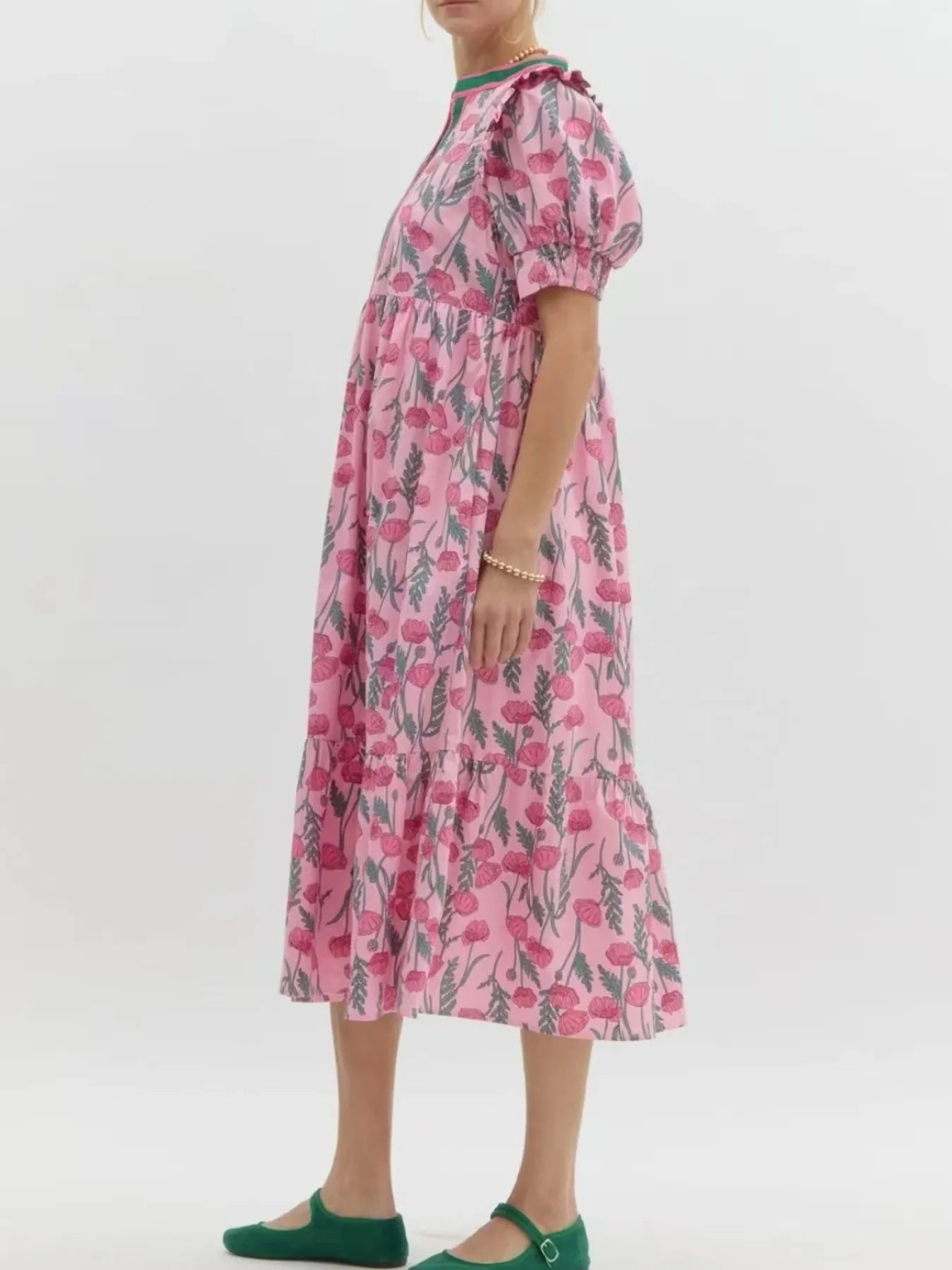 Floral Puff Sleeve Midi Dress with Contrast Trim
