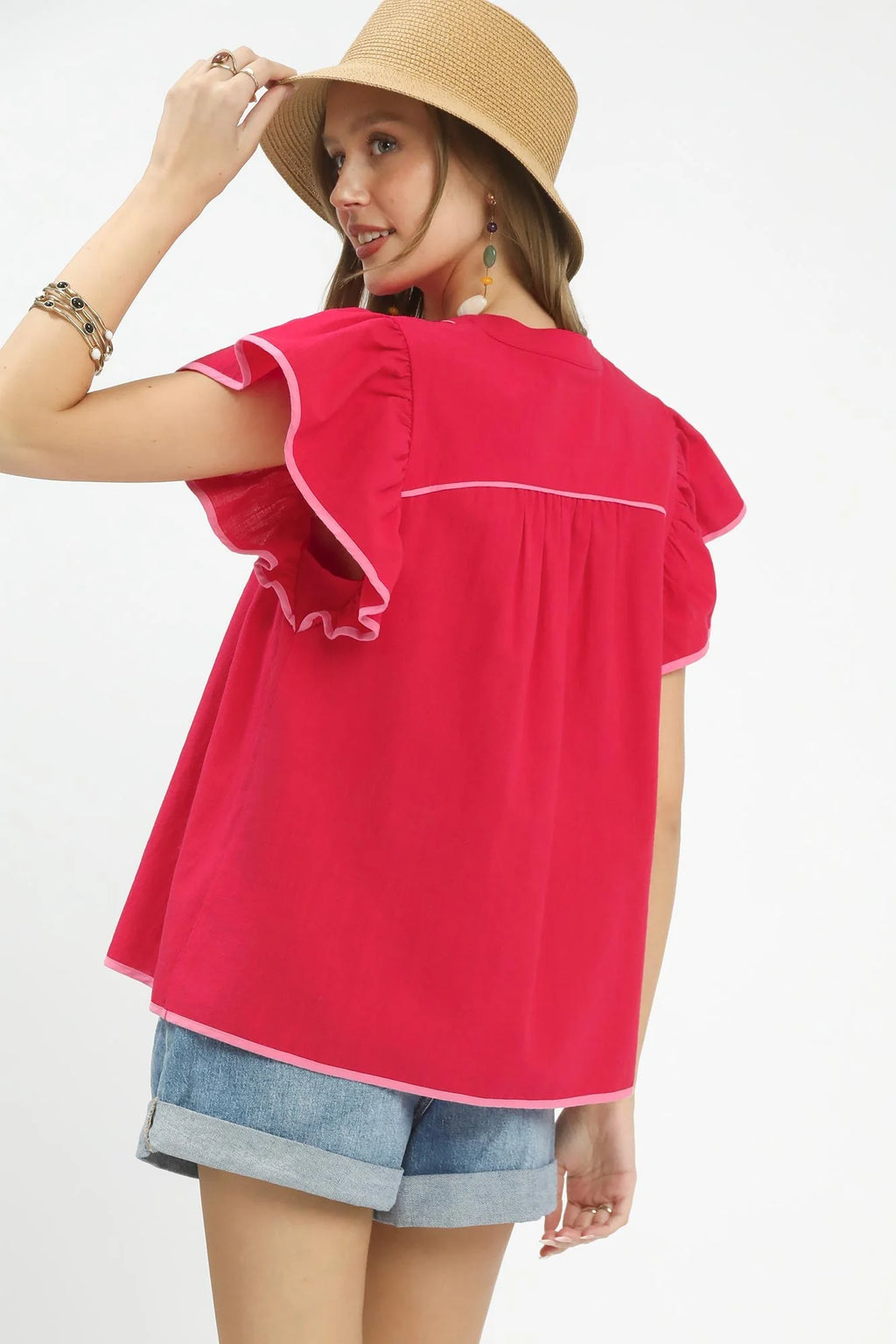 Umgee Contrast Trim Babydoll Blouse