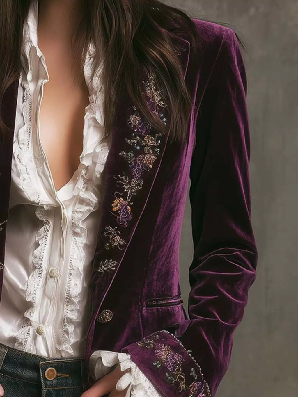 Embroidered Velvet Long Sleeve Outerwear