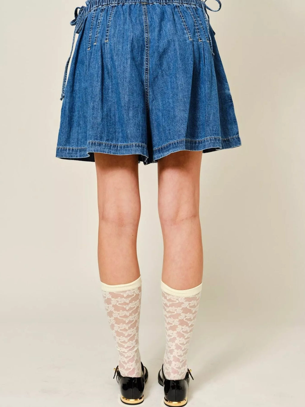 Pleated Elastic Waist Denim Shorts