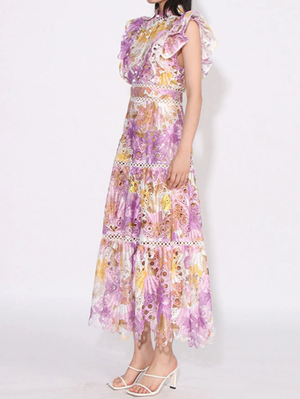 Ruffled Hollow Out Tiered Midi Dress