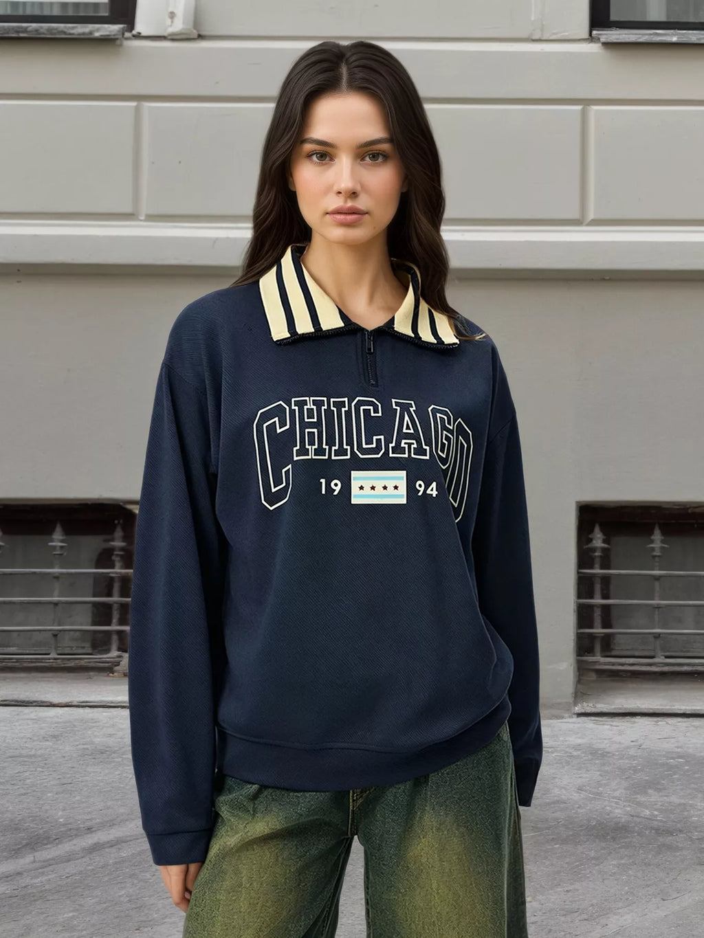 Striped Collar Letter Graphic Sweatshirt