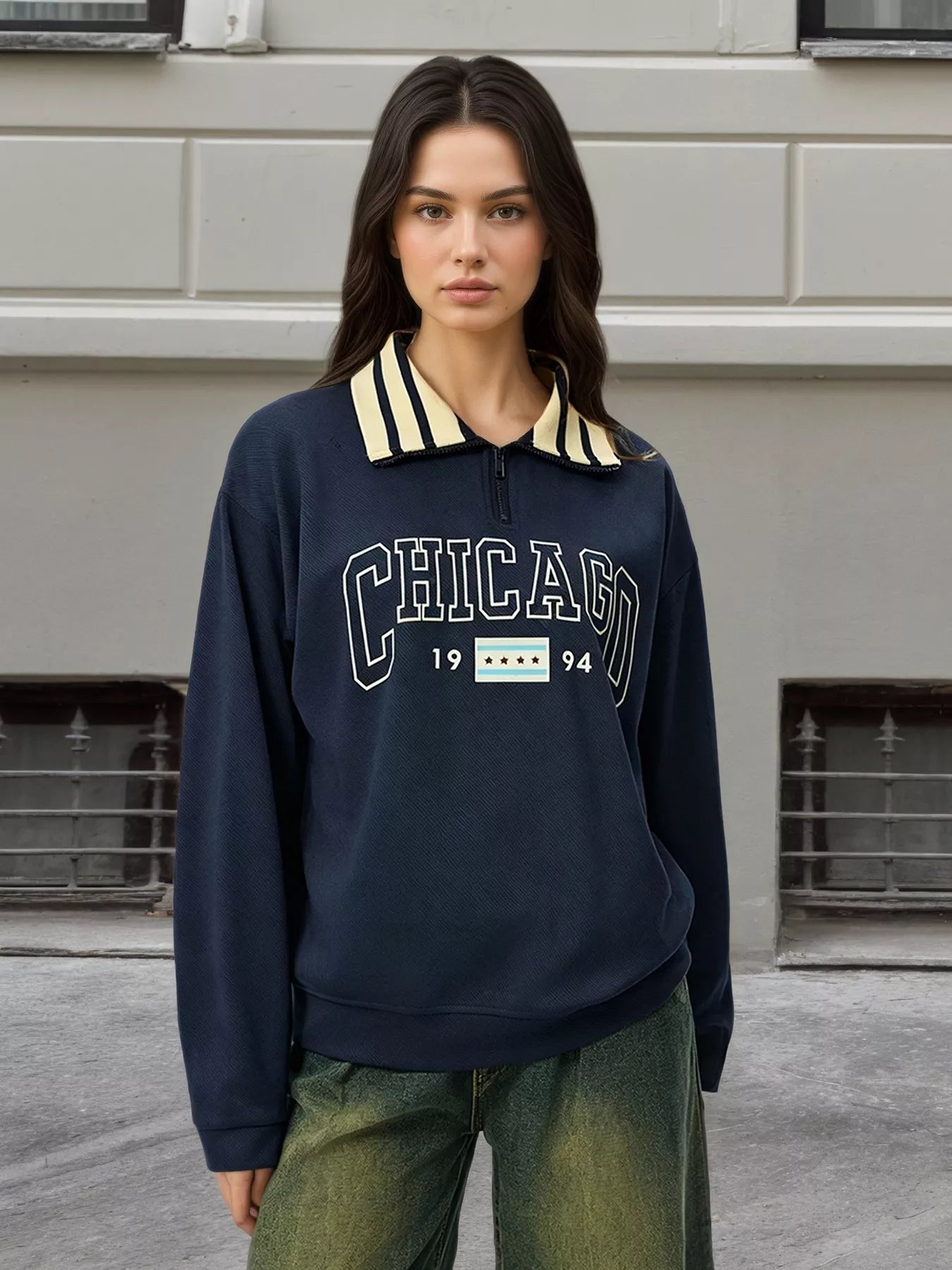 Striped Collar Letter Graphic Sweatshirt