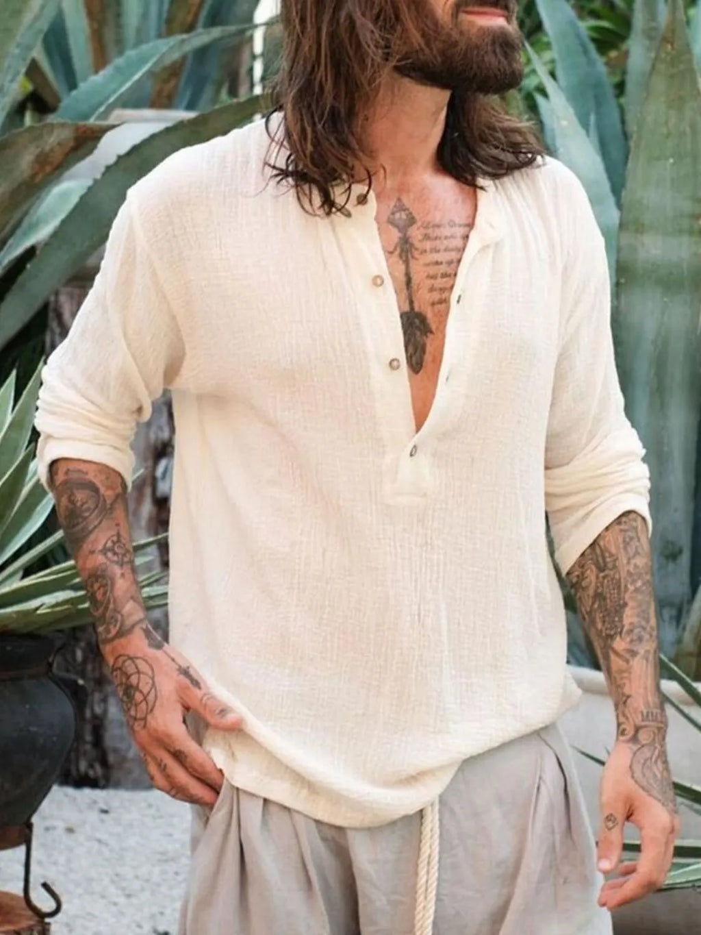 Men's Full Size Button Detail Long Sleeve Blouse Plus Size