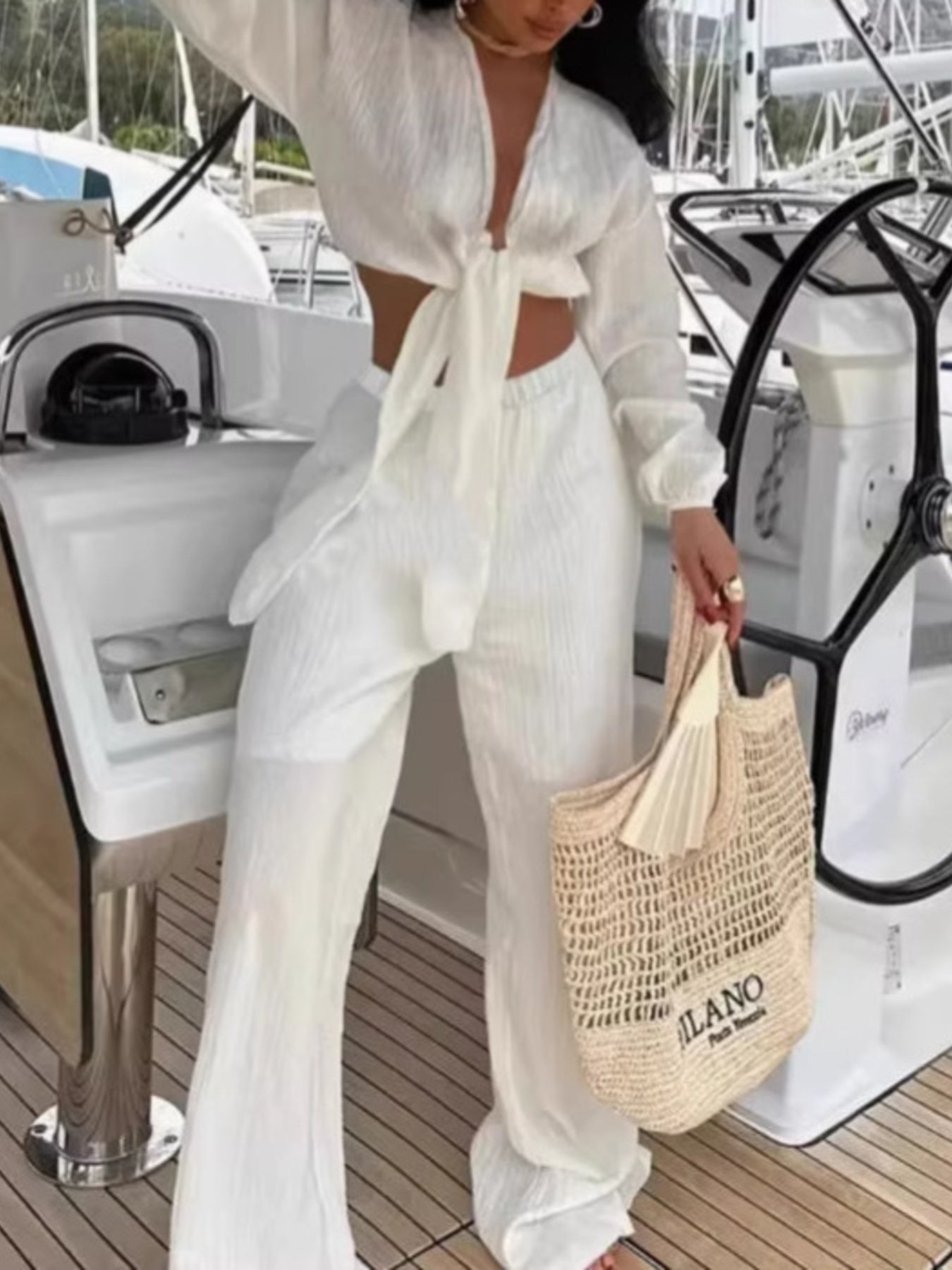 Textured Tie-Front Crop Top and Wide Leg Pants Set
