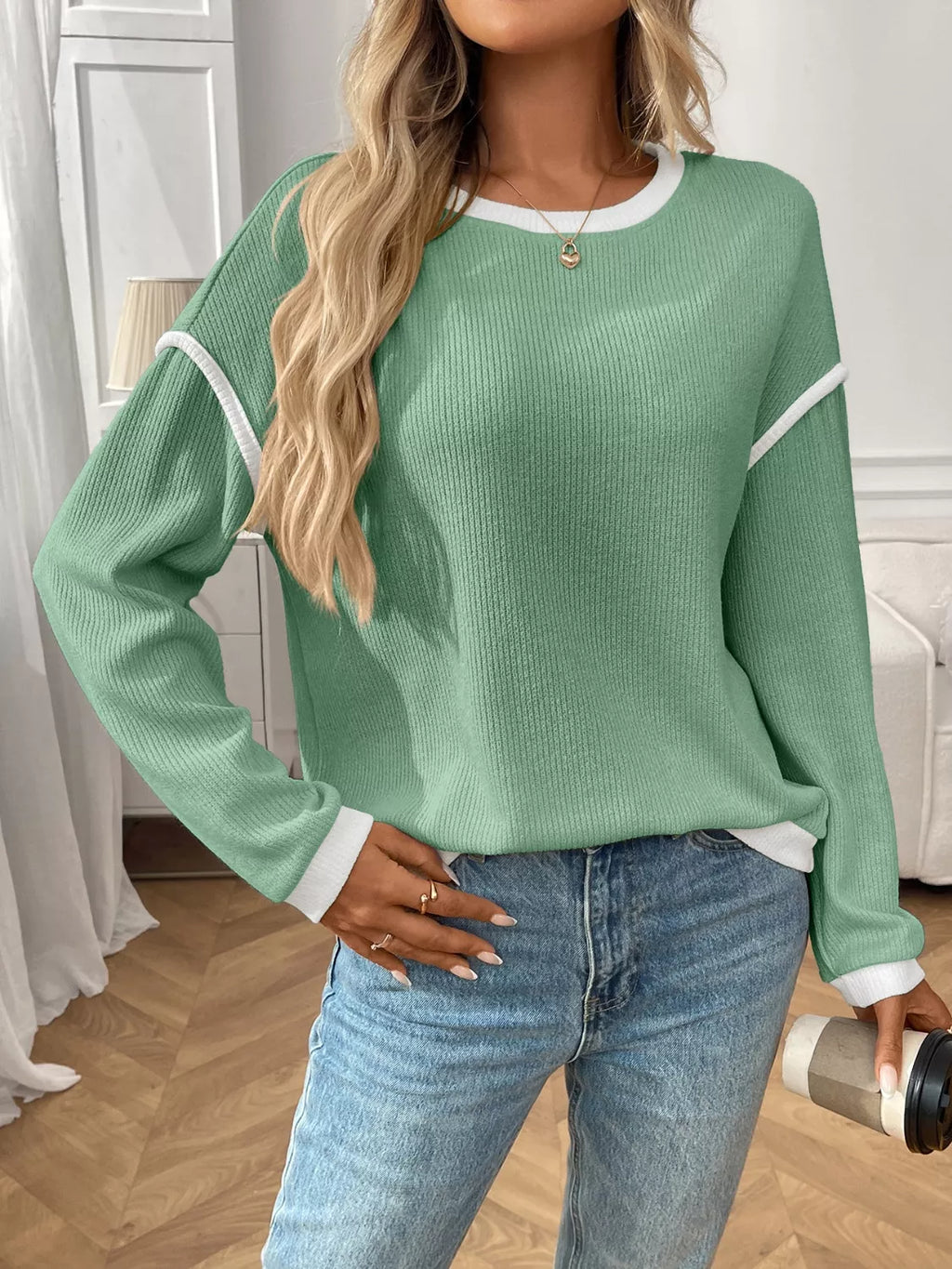 Ribbed Knit Contrast Trim Sweater