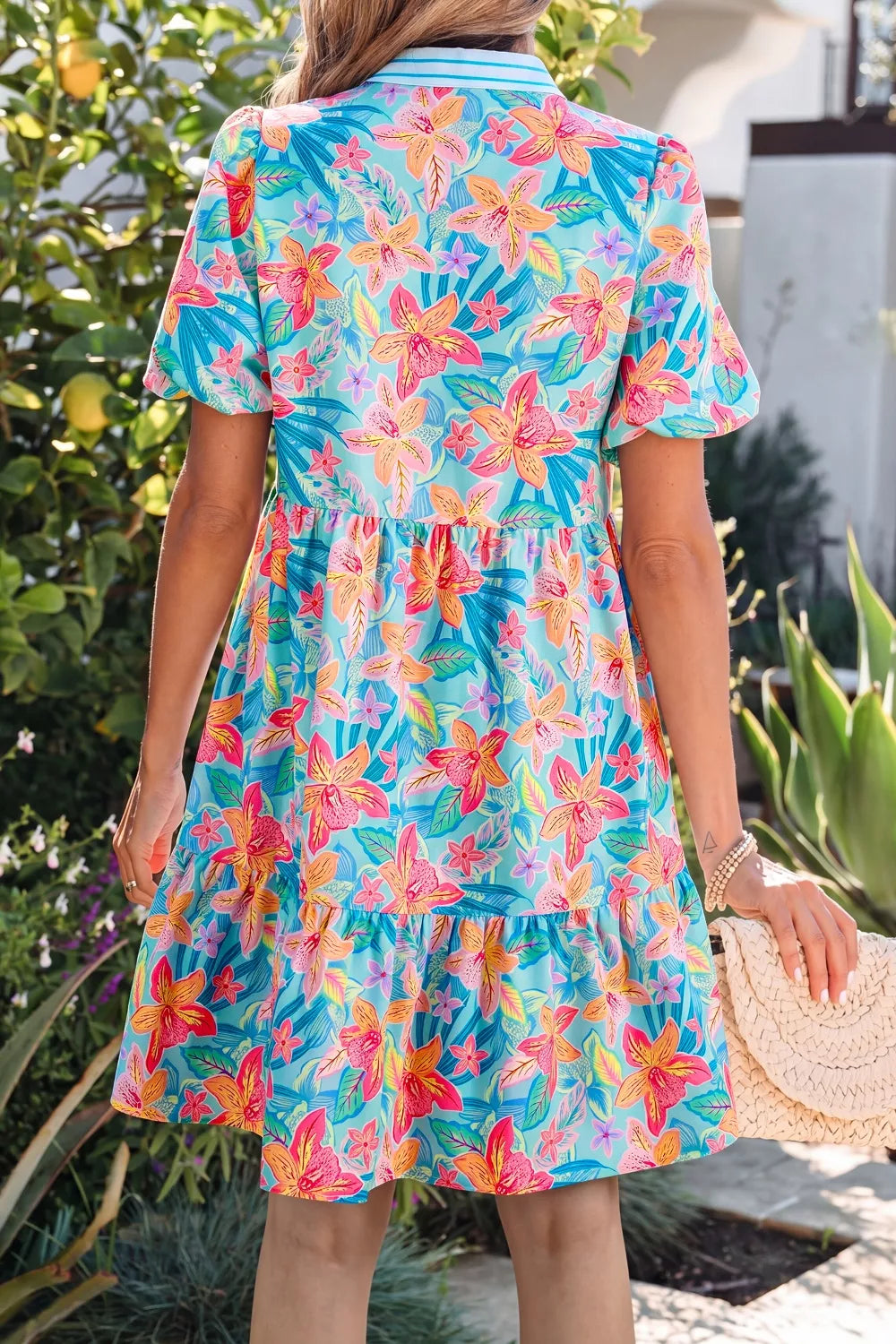 Floral Print Contrast Scallop Striped Trim V Neck Dress