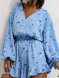 Floral V-Neck Long Sleeve Romper with Elastic Waist