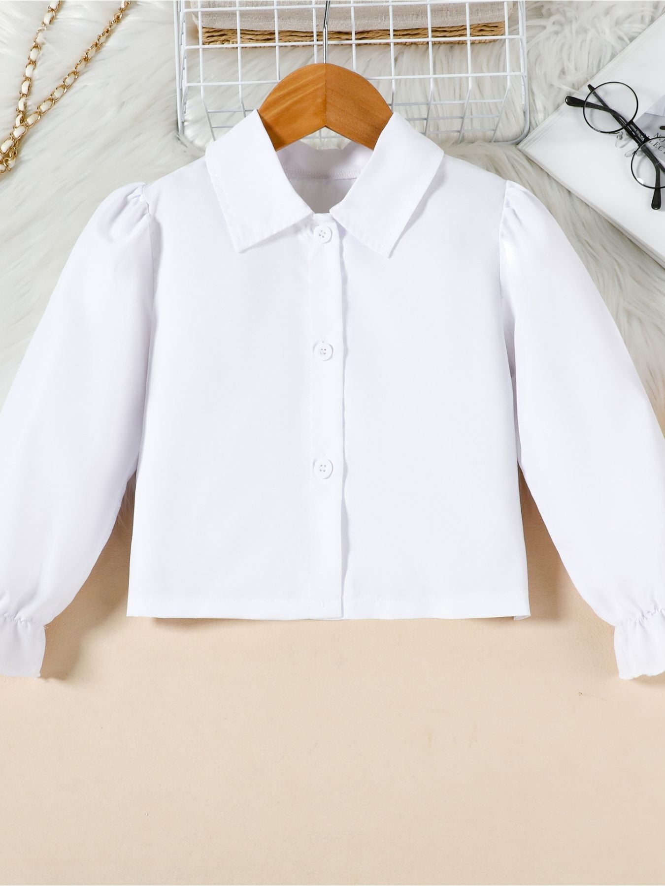 Children's Long Sleeve Shirt & Pleated Skirt Set with Belt