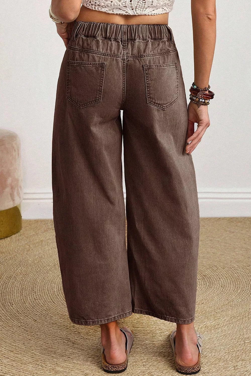 Solid Color Square Patch Pocket Ankle-length Barrel Jeans