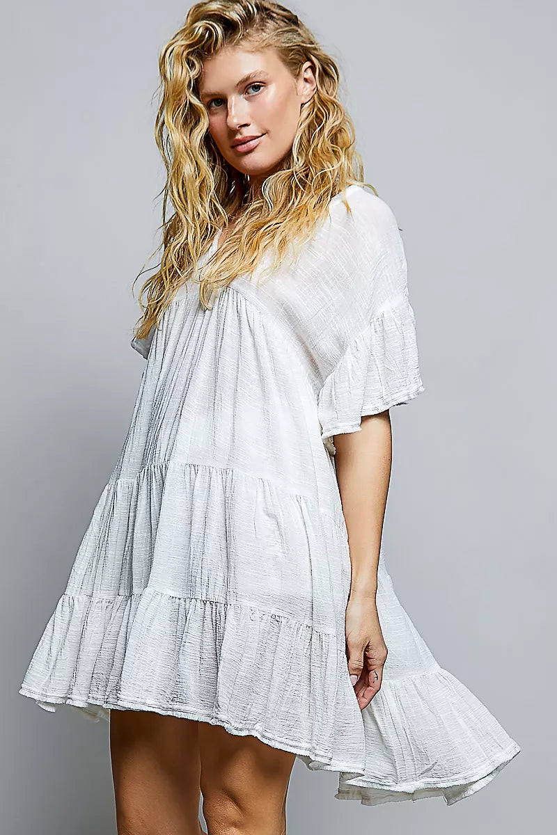 POL Cotton Ruffle Shirred V-Neck Short Sleeve Dress