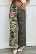 Multicolour Retro Floral Leopard Contrast Patchwork Raw Hem Jeans