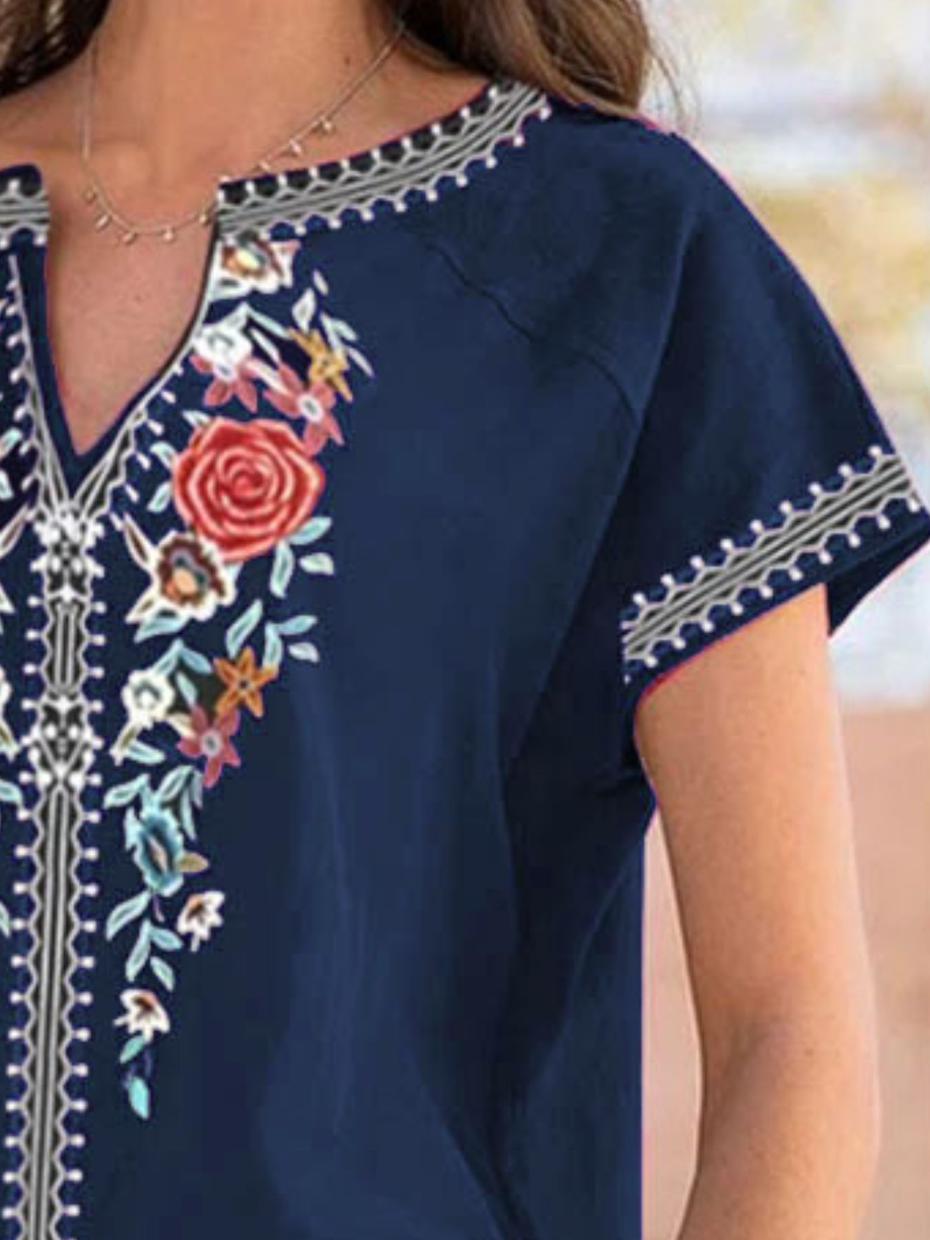 Full Size Floral Notched Short Sleeve Blouse Plus Size