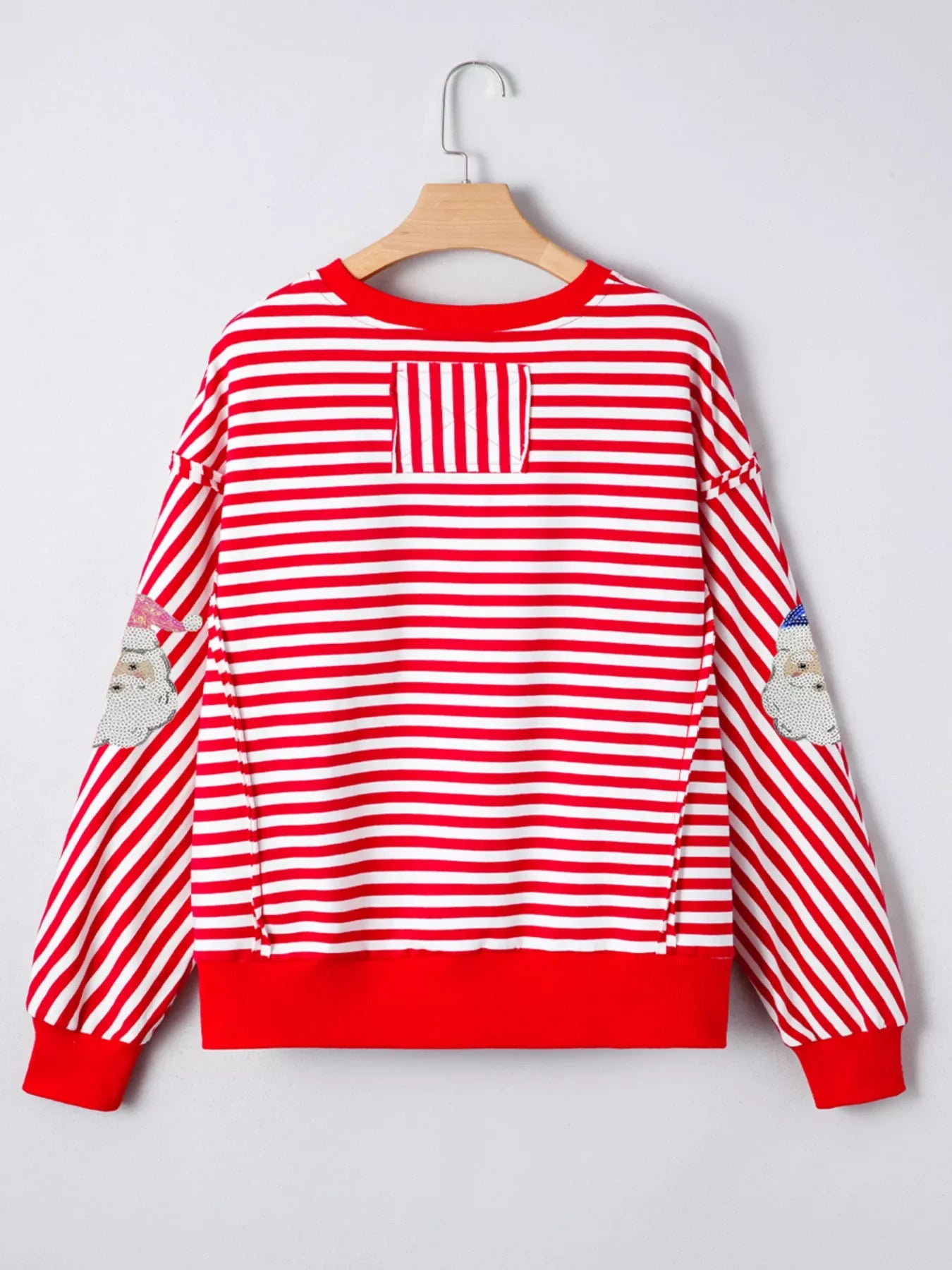 Stripe Sequin Santa Round Neck Raw Seam Detail Christmas Long Sleeve Top