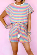 Striped Round Neck Top and Shorts Set