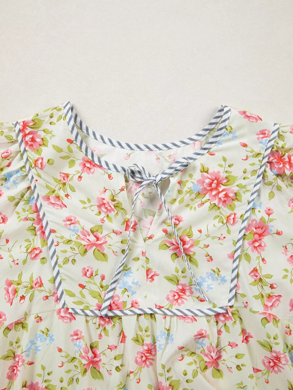 Striped Edge 3/4 Puff Sleeve Floral Dress