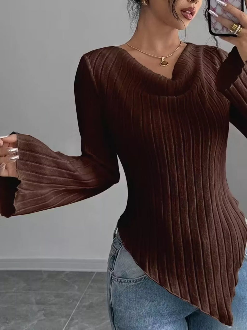 Cowl Neck Ribbed Knit Top