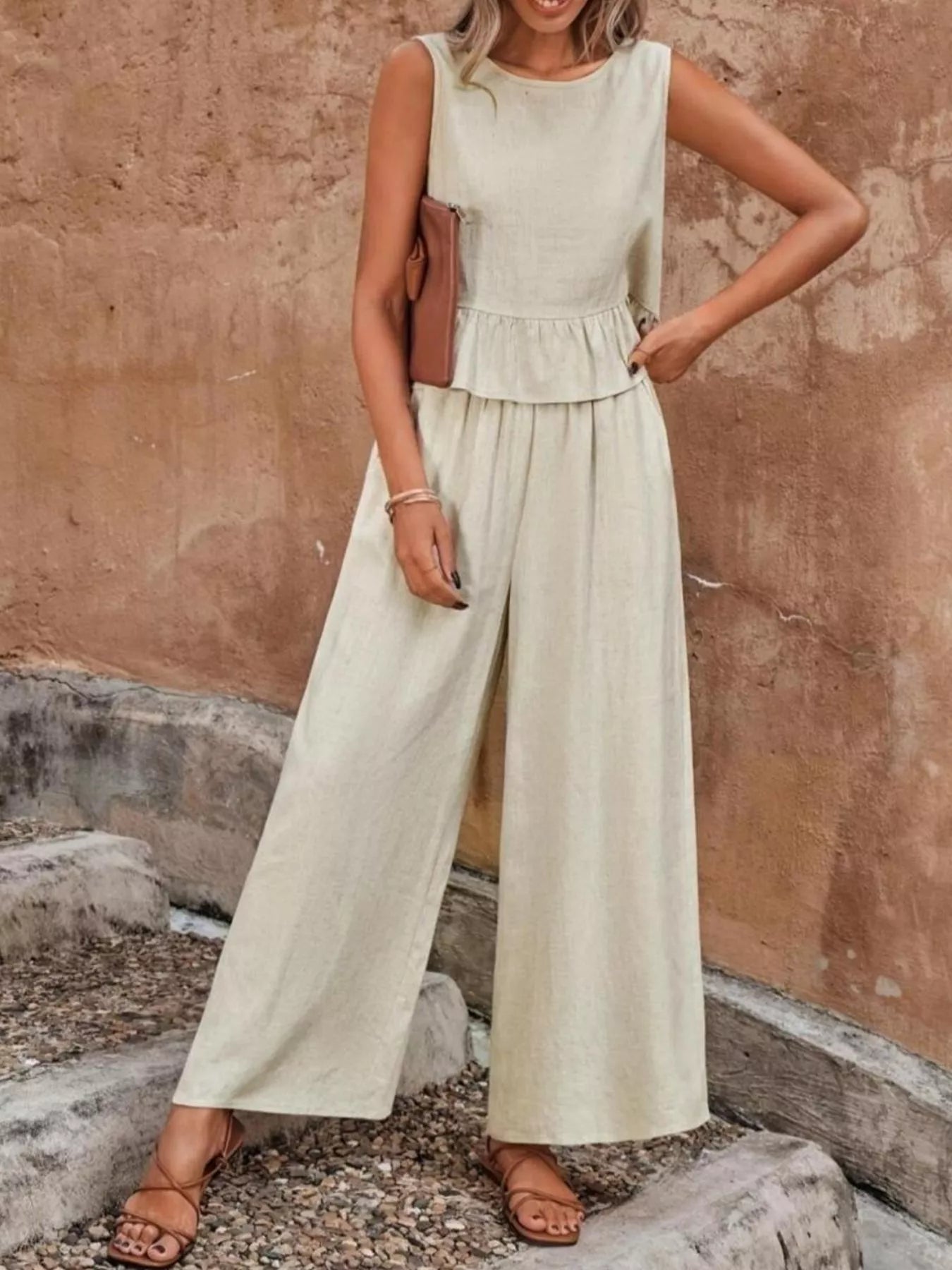 Sleeveless Ruffle Hem Top and Wide Leg Pants Two-Piece Set