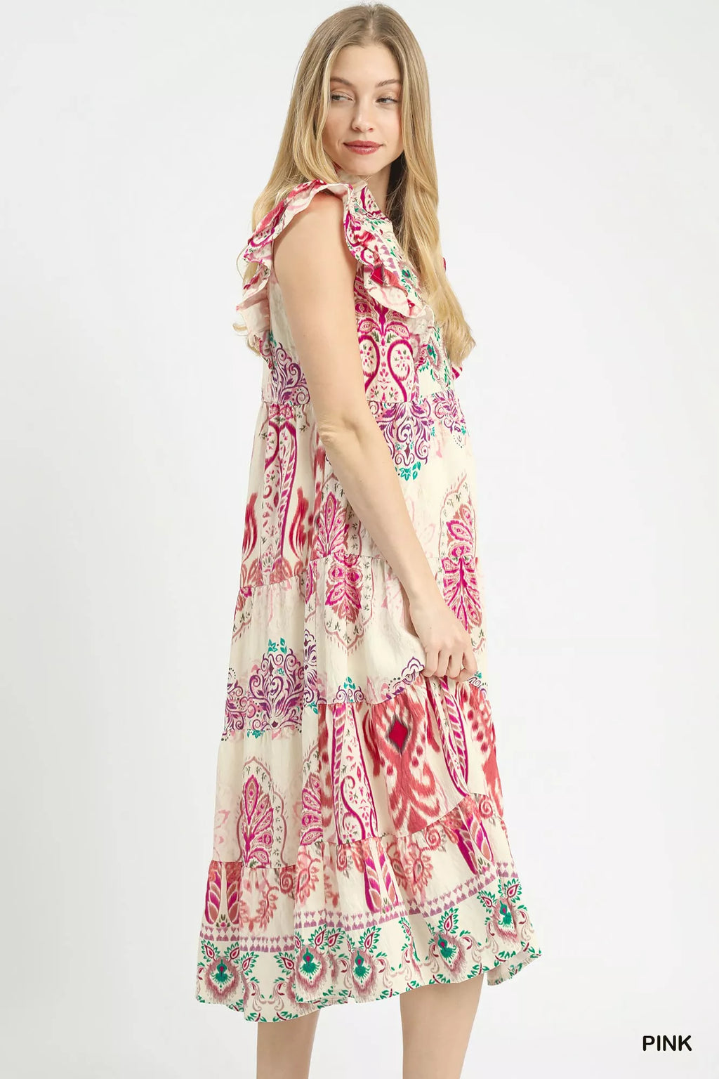 Umgee Boho Boarder Print Ruffle Midi Dress
