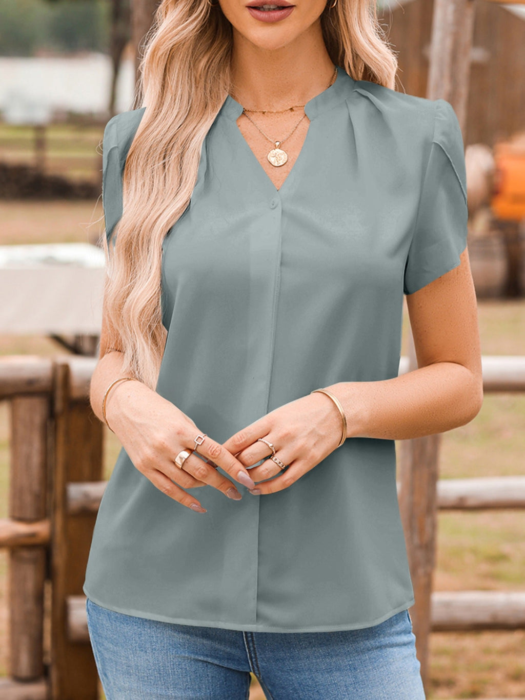 Notched Neckline Petal Sleeve Blouse