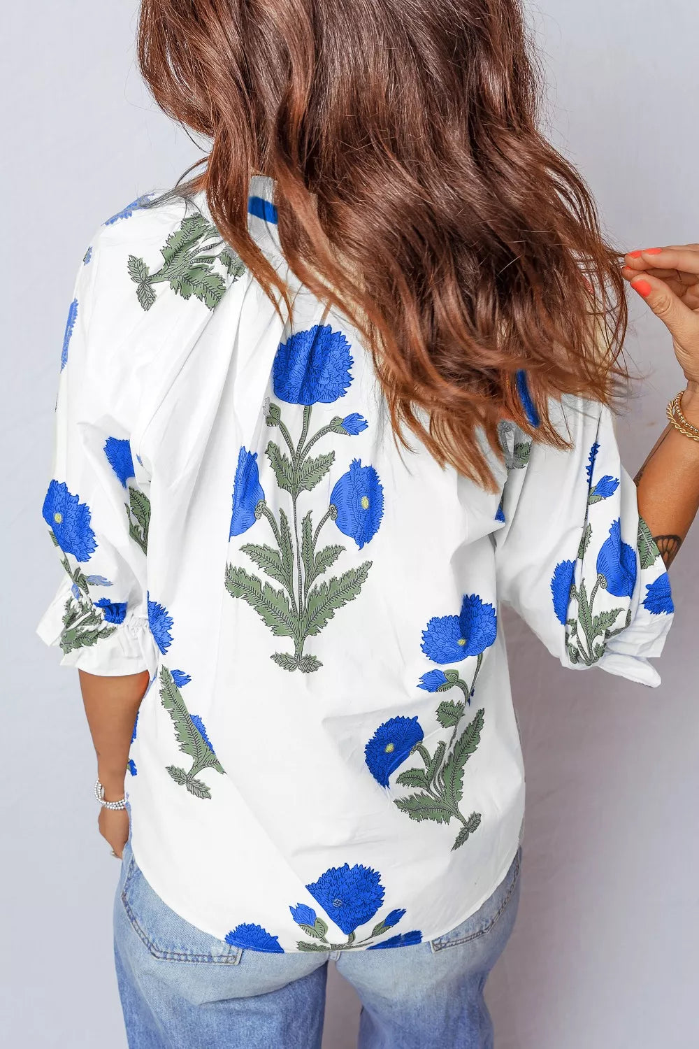 Floral Print Notched Ruffled Sleeve Blouse