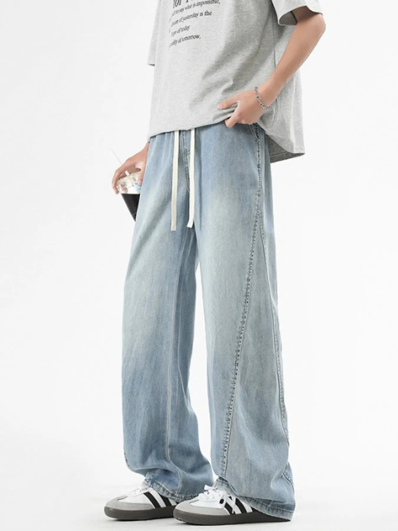 Men's Plus Size Vintage Wide Leg Jeans with Drawstring