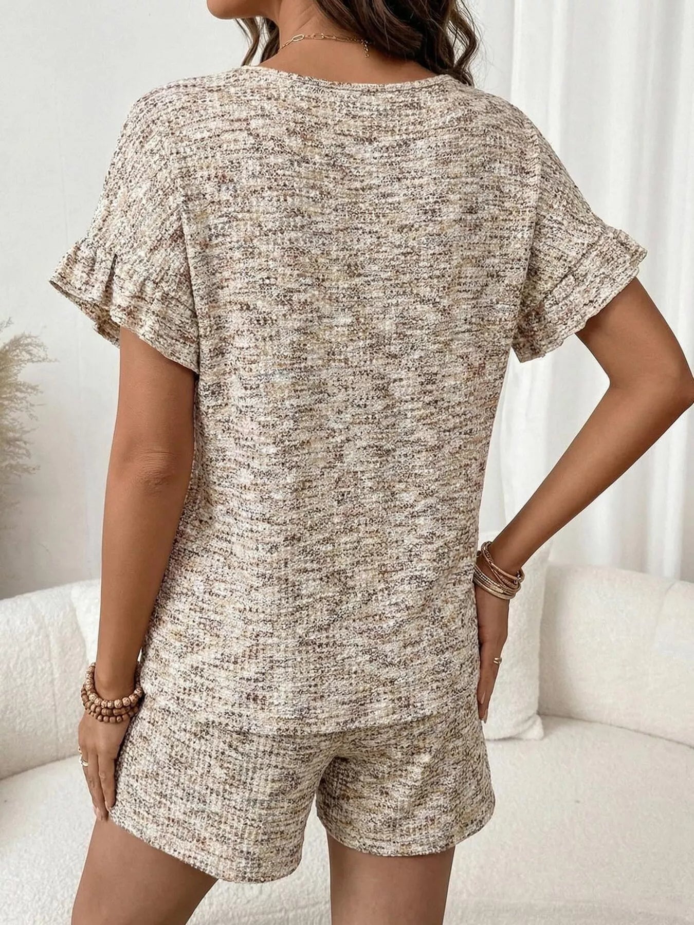 Ruffle Sleeve Textured Top and Shorts Set
