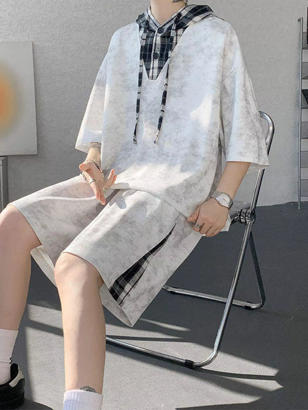 Men's Plus Size Tie-Dye Plaid Patchwork Hoodie and Shorts Set