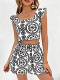 Printed Ruffle Trim Crop Top & Shorts Set