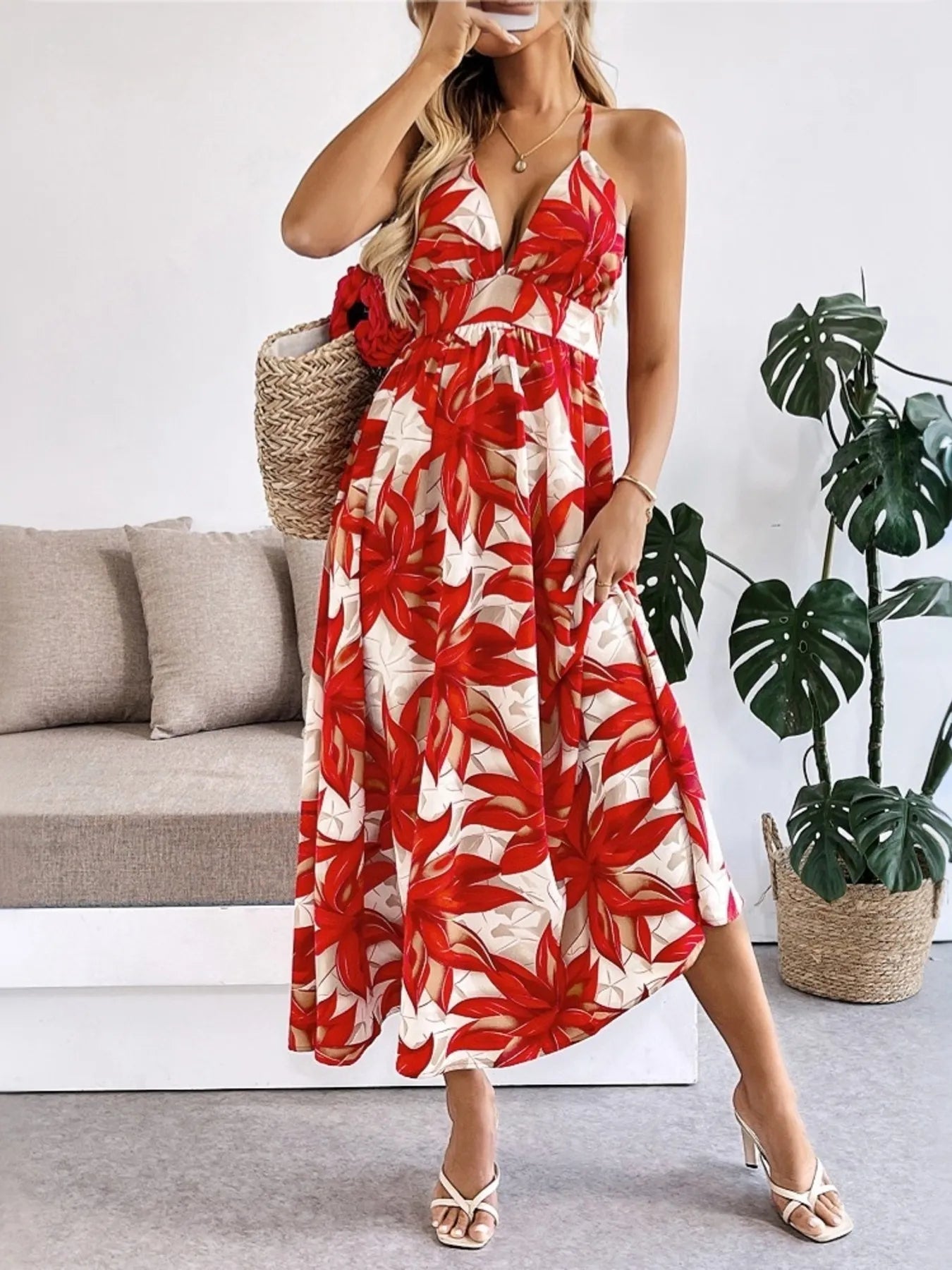 Crisscross Back Printed Midi Dress with Cutout Detail