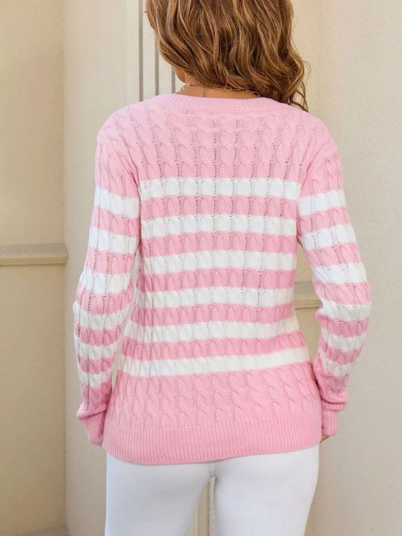 Striped Cable Knit Round Neck Sweater