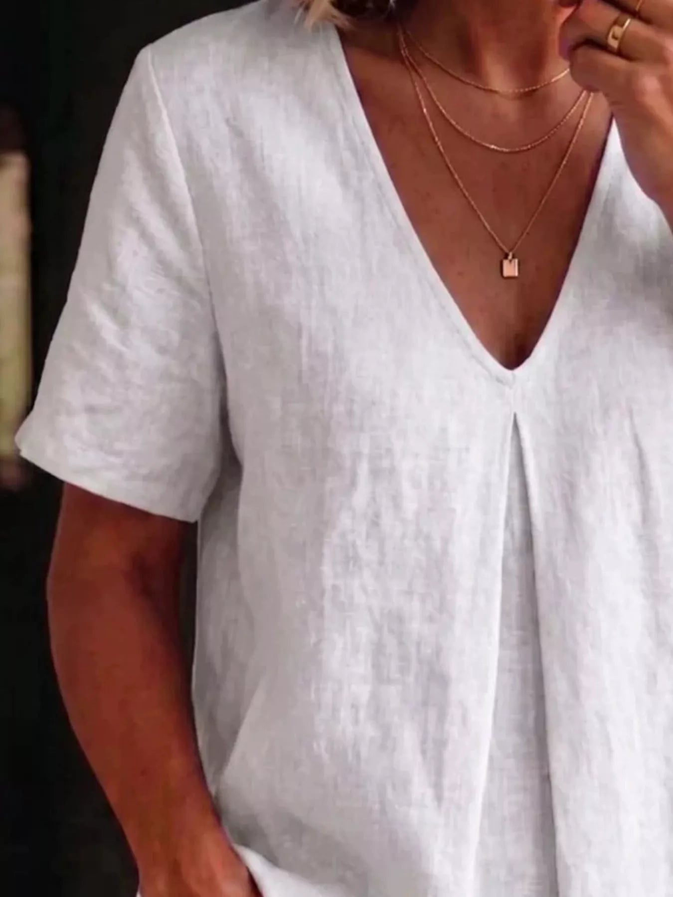 Full Size V-Neck Pleated Short Sleeve Blouse Plus Size