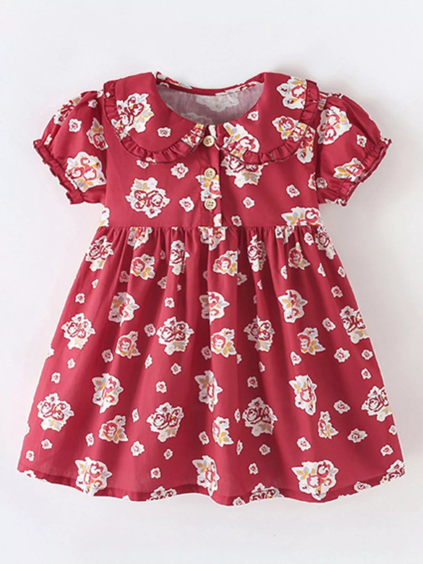 Children's Floral Print Ruffle Collar Button-Front Dress