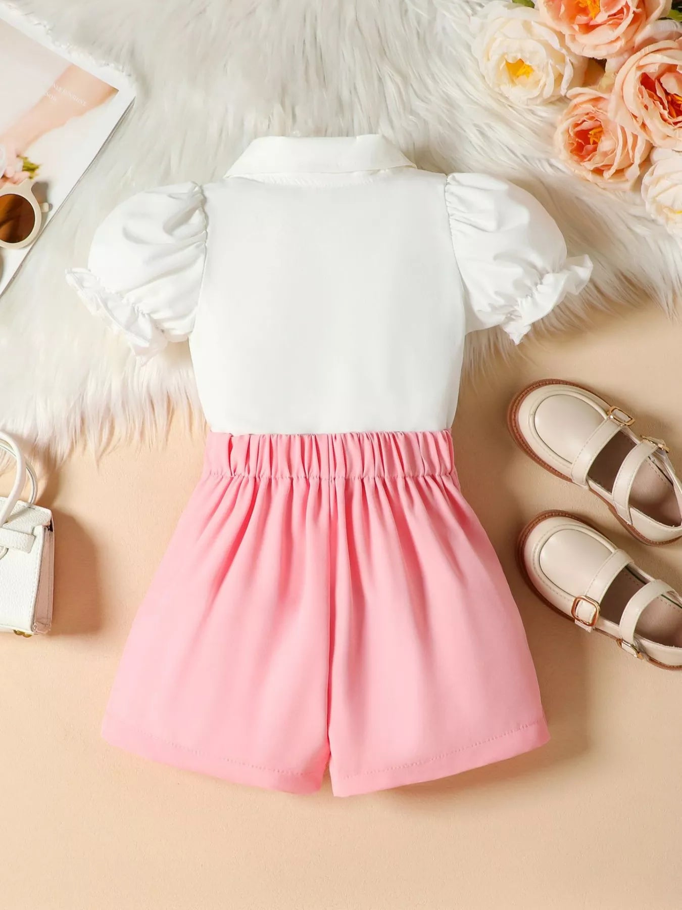 Children’s Rhinestone Collar Blouse & Heart Buckle Skirt Set