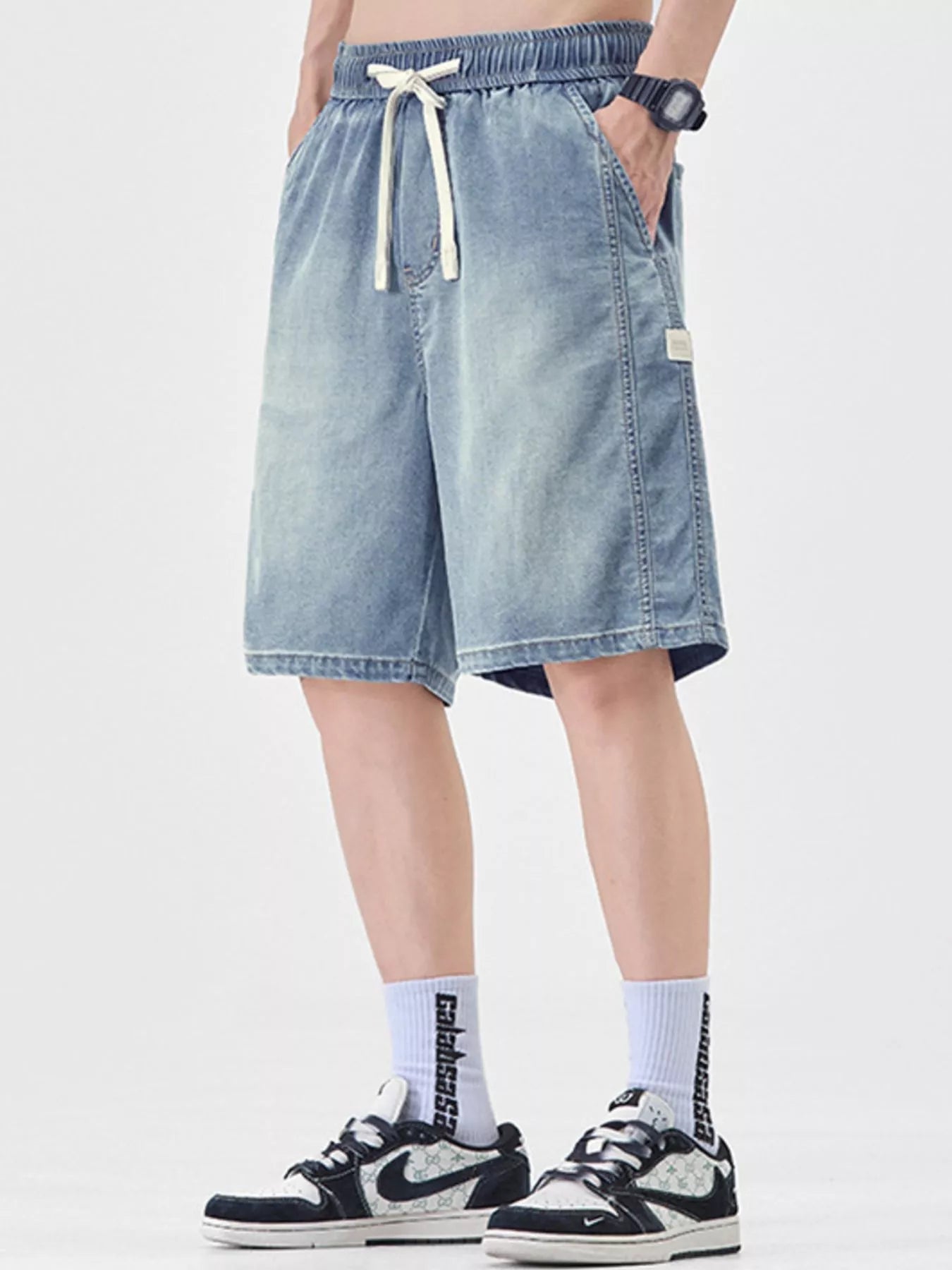 Men's Plus Size Casual Loose Fit Denim Shorts with Drawstring