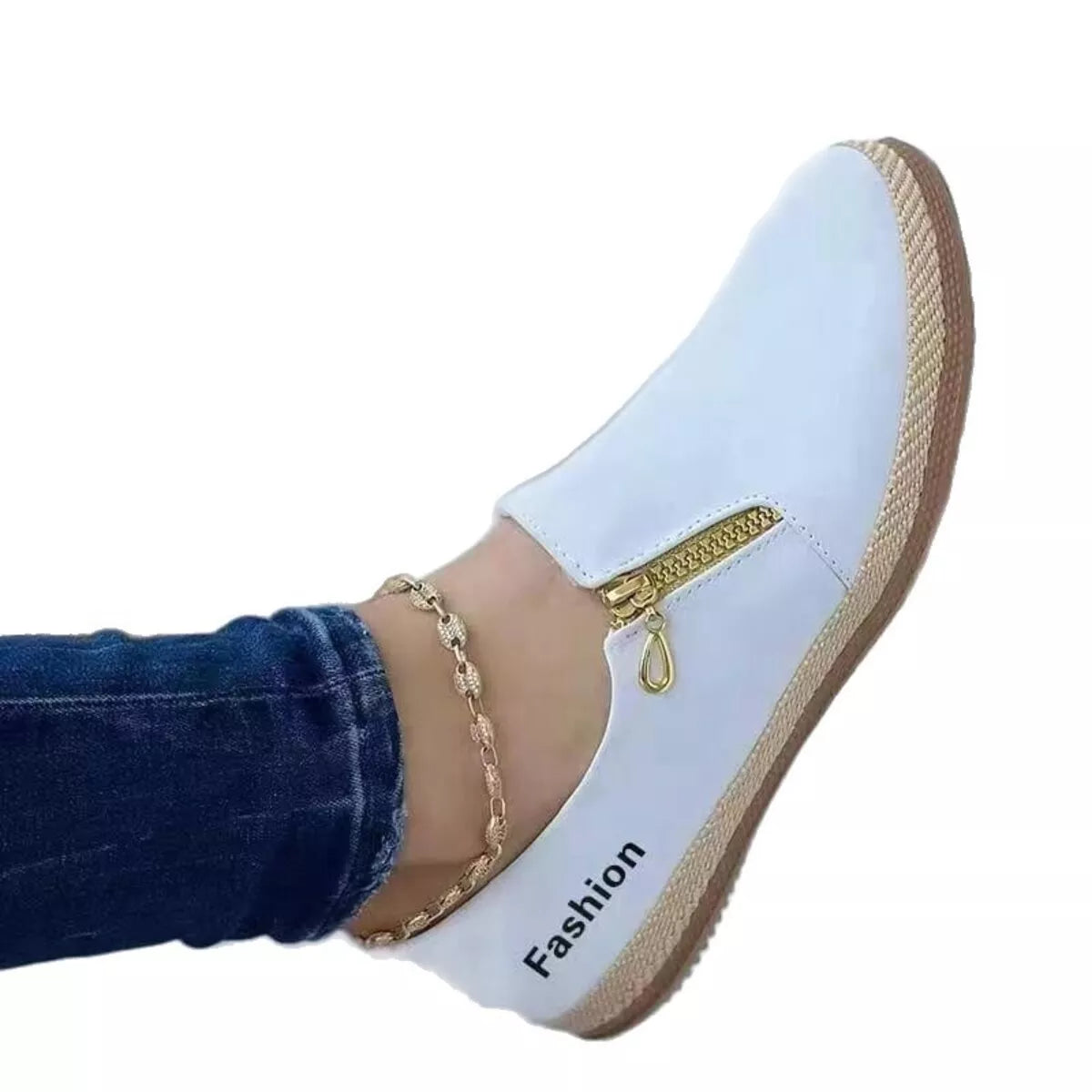 Zip Detail Round Toe Slip-Ons