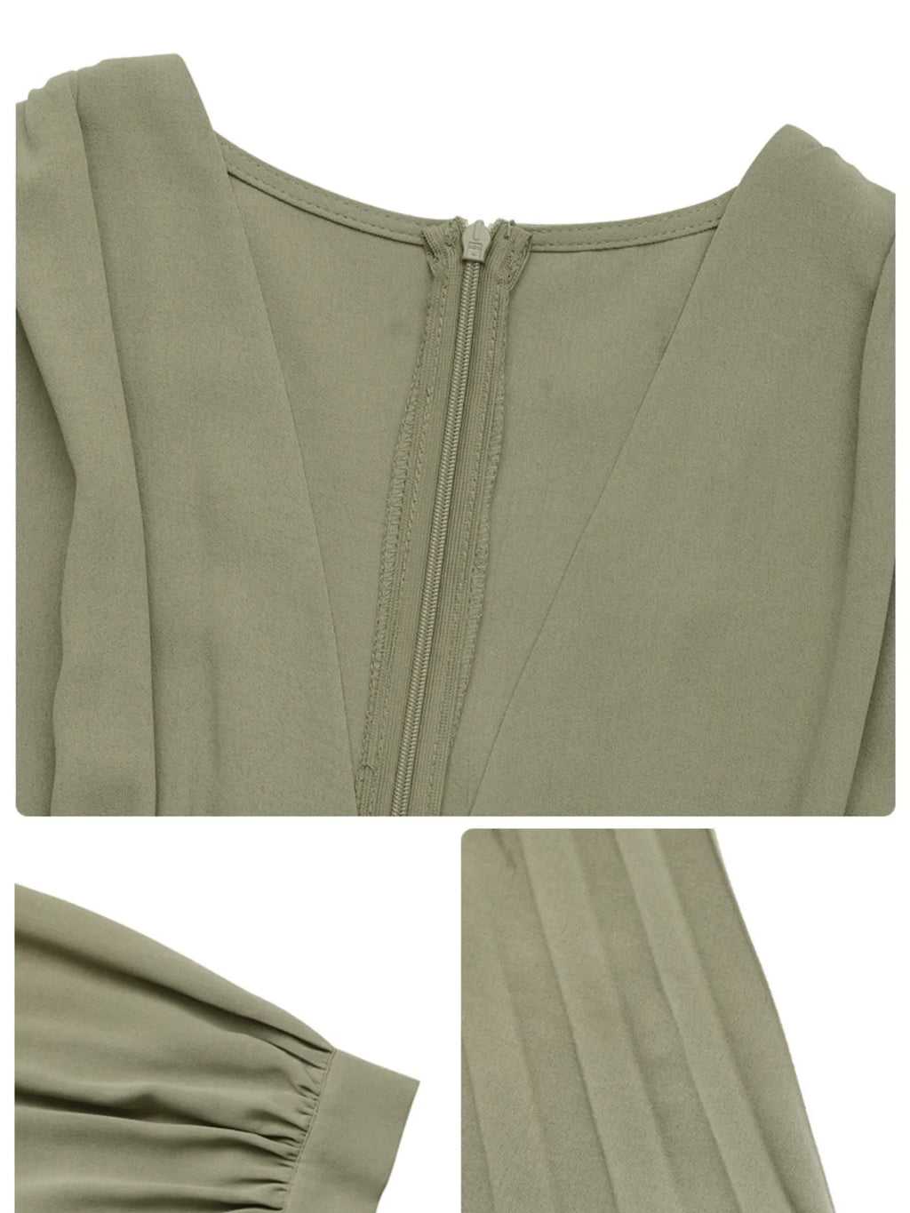 Pleated Long Sleeve V-Neck Dress