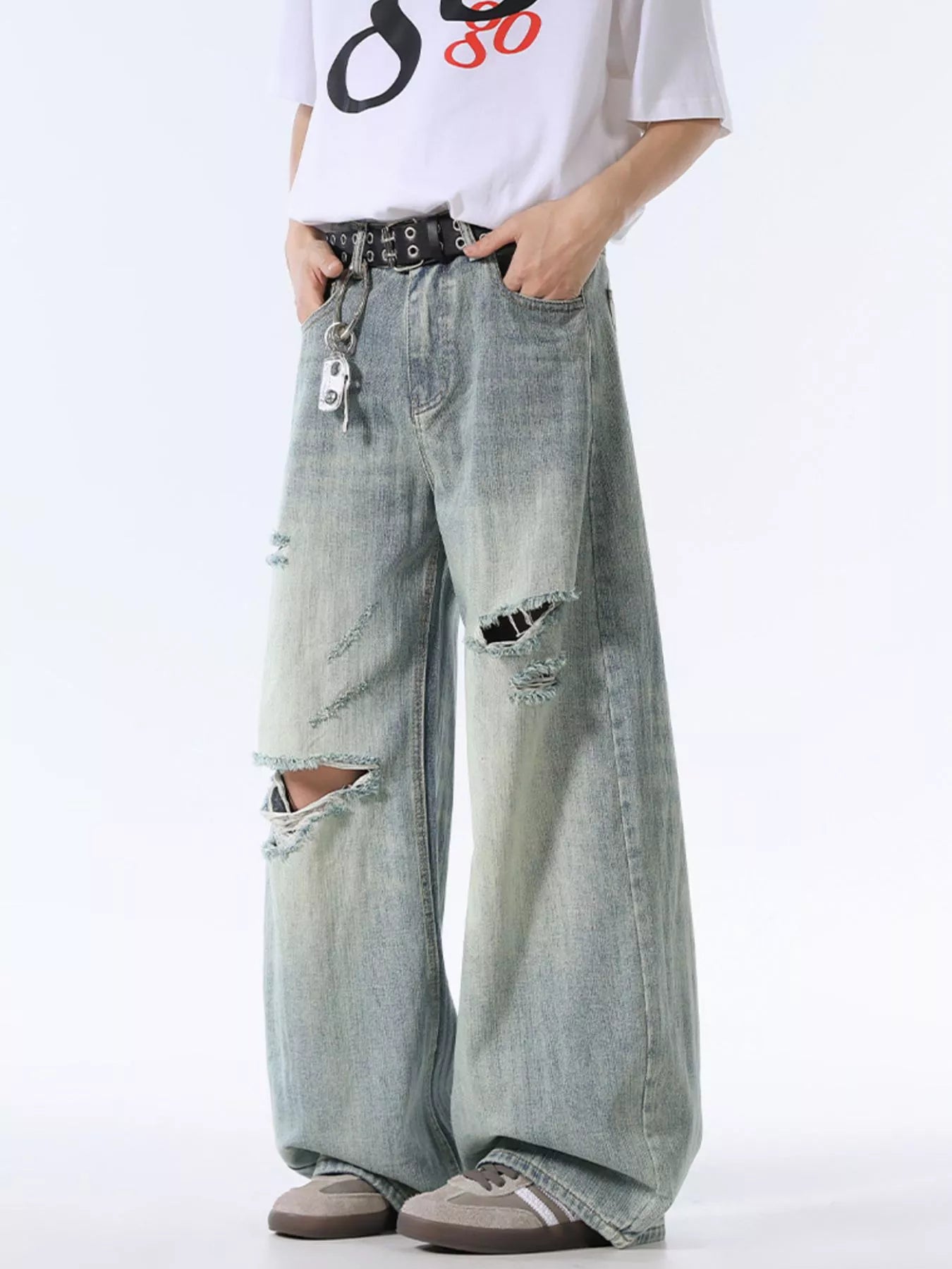 Men's Wash Distressed Wide Leg Jeans