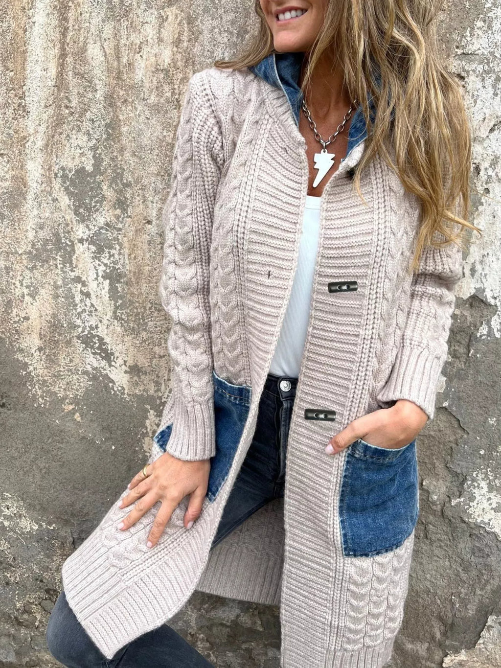 Full Size Hooded Cable Knit Longline Cardigan Plus Size