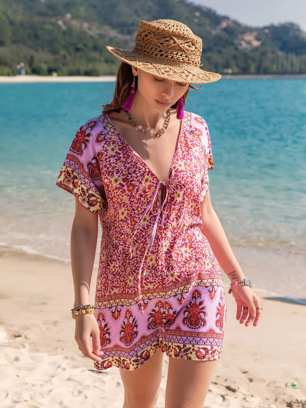 Printed V-Neck Short Sleeve Romper
