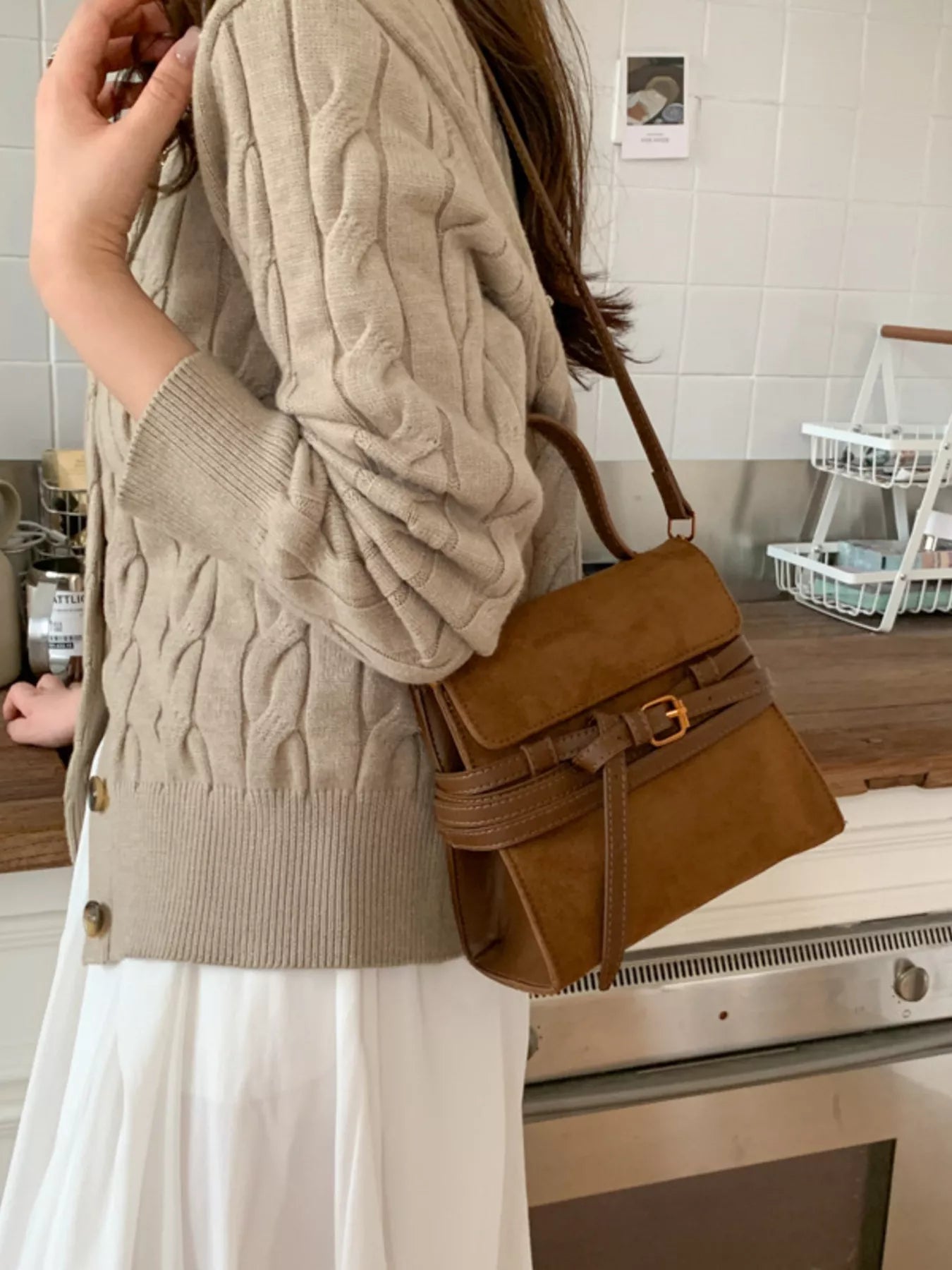 Suede Buckle Decor Crossbody Bag