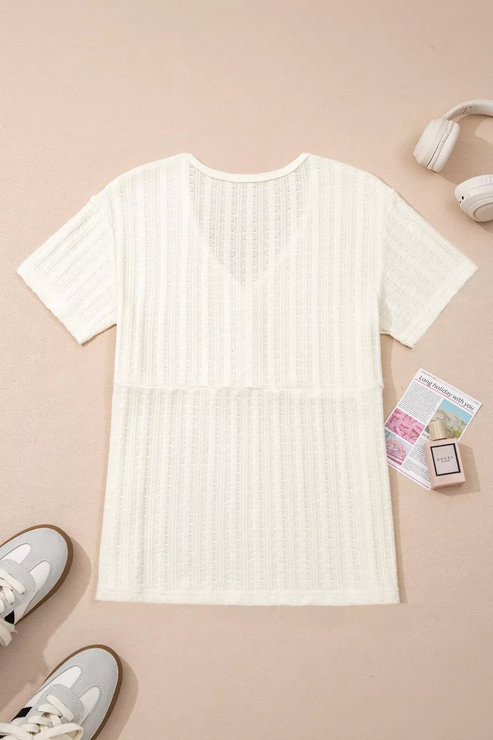 Ribbed Knit Button Detail V-Neck T-Shirt