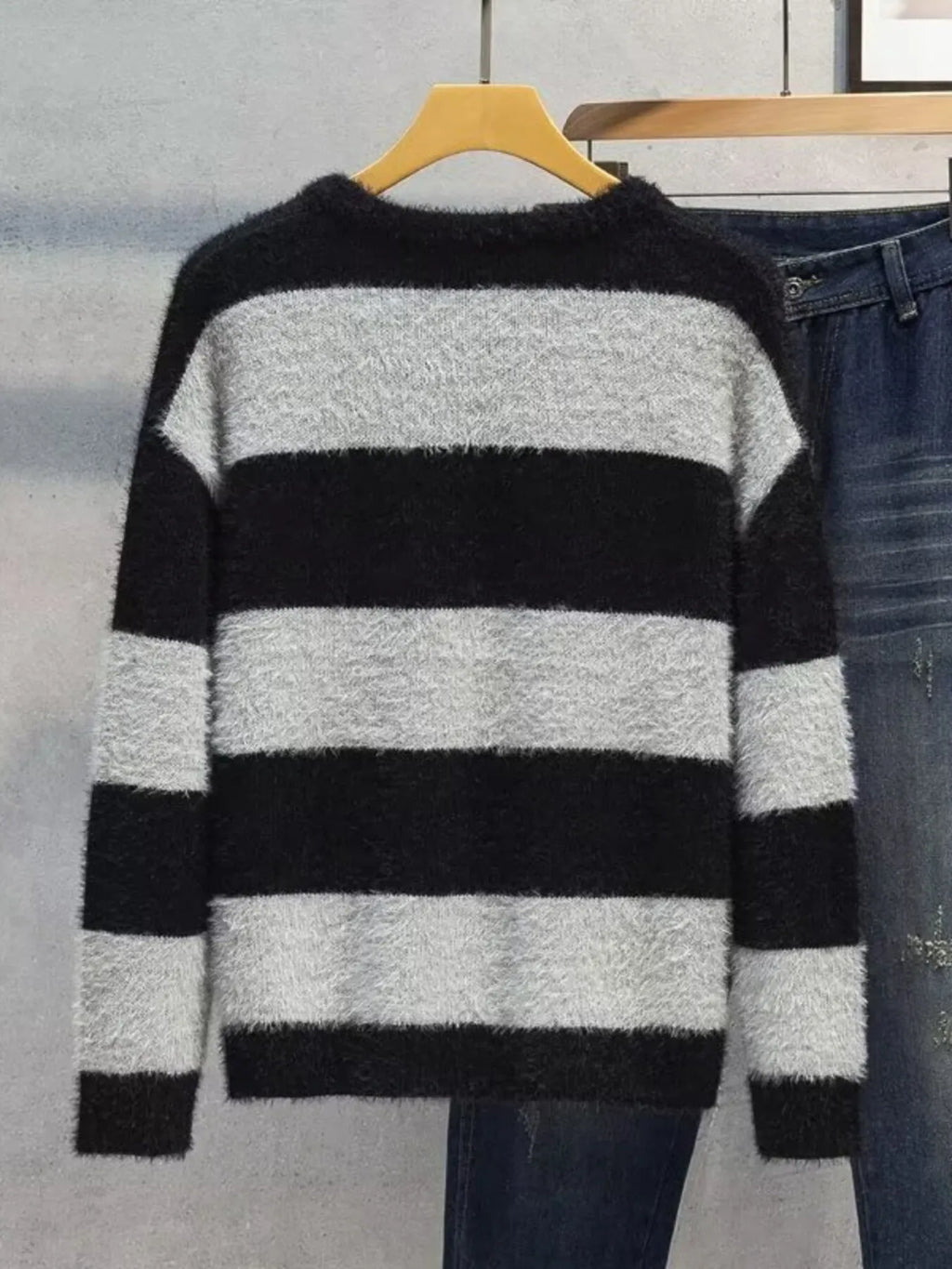 Men's Plus Size Striped Fuzzy Knit Pullover Sweater