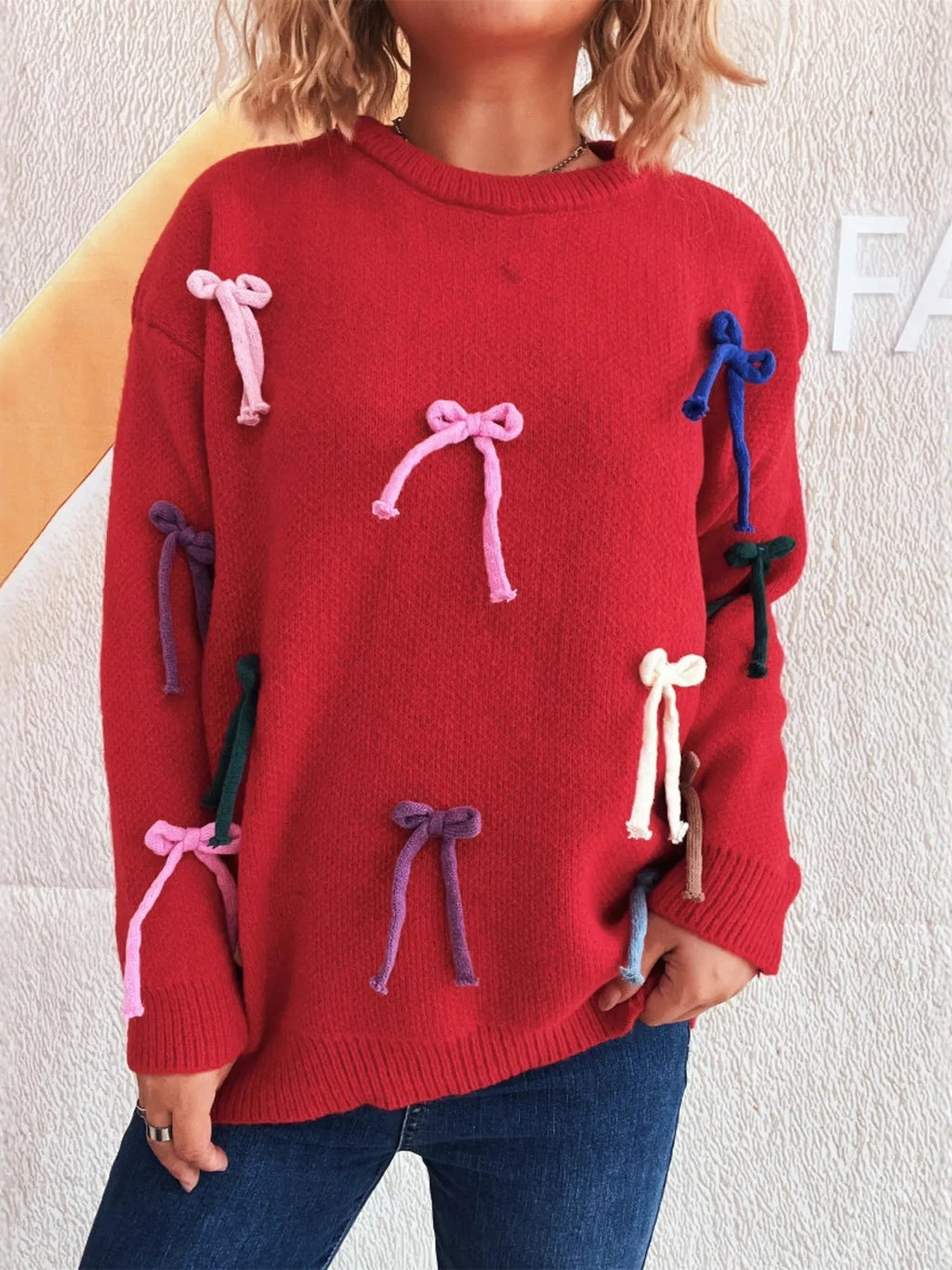 Colorful Bow Round Neck Sweater