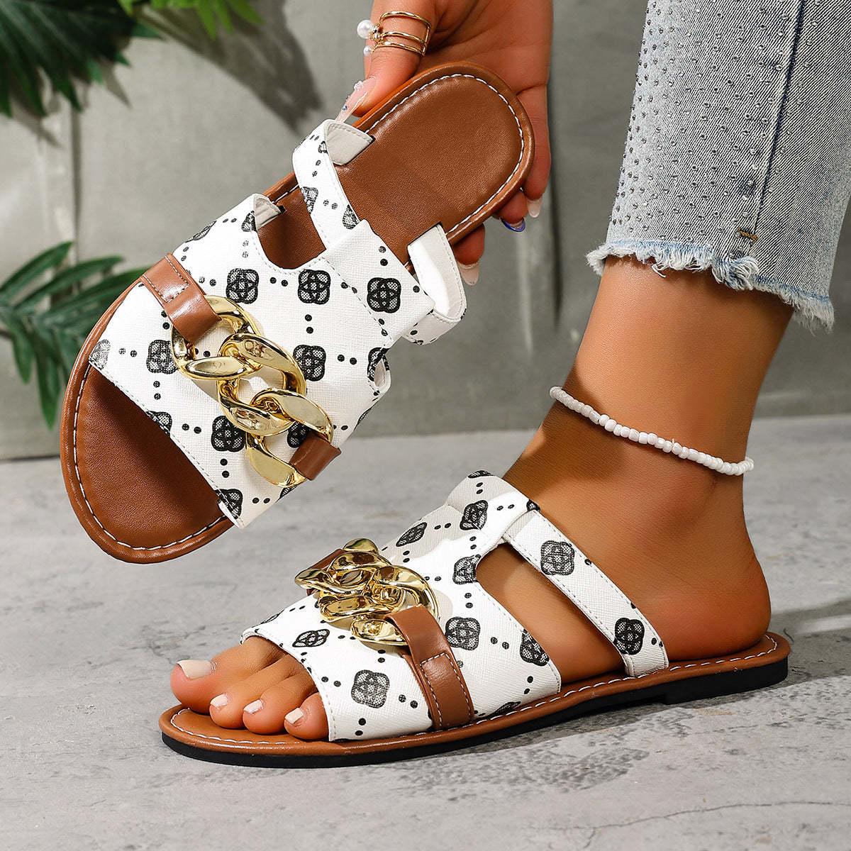 Chain-Decorated Patterned Slide Sandals