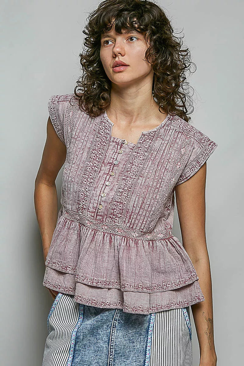 POL Eyelet Embroidery Pintuck Sleeveless Cotton Blouse