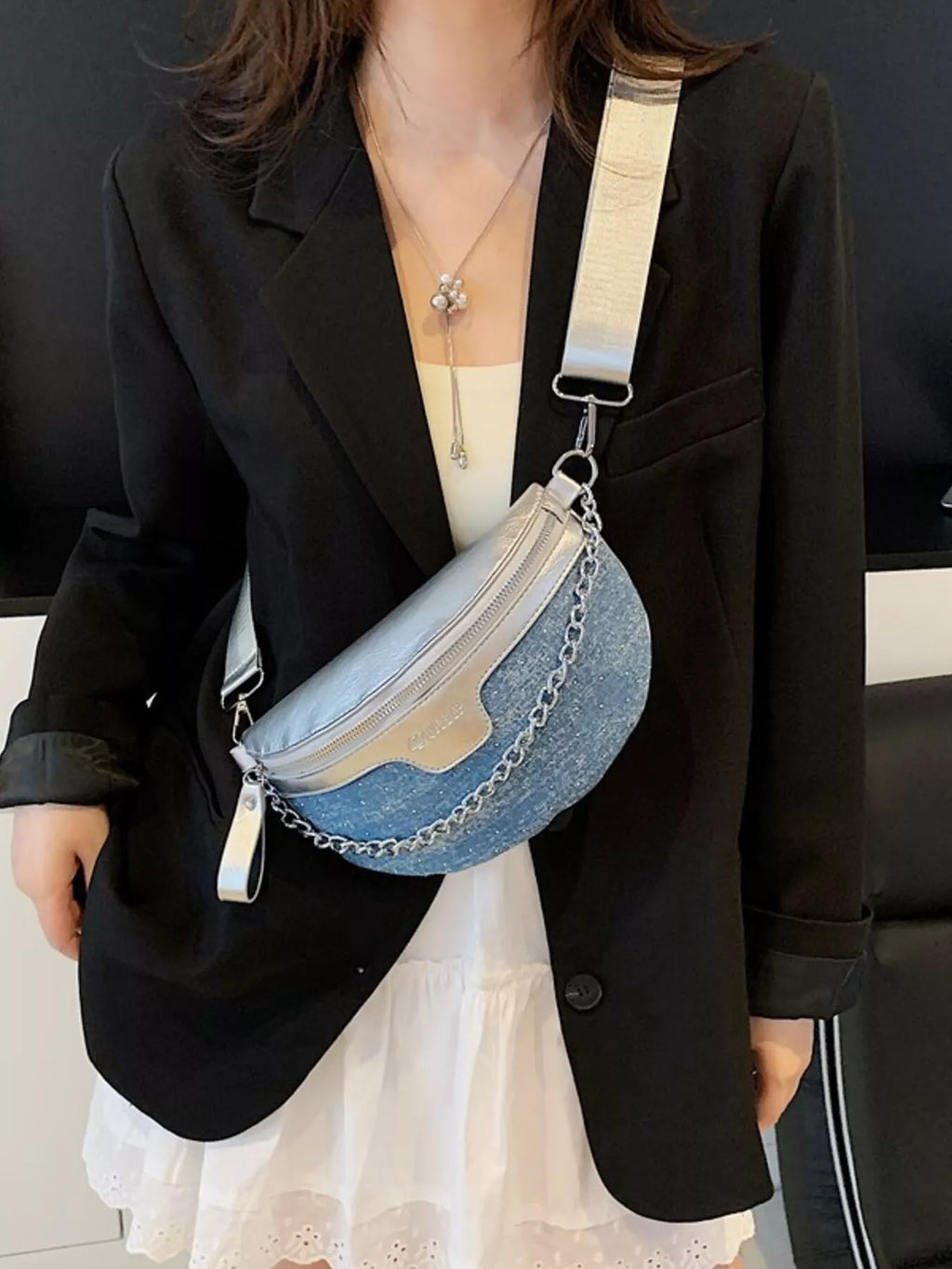 Denim Chain Accent Crossbody Bag