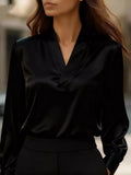 V-Neck Long Sleeve Satin Blouse